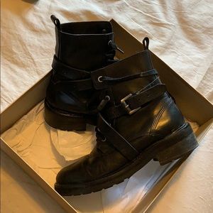 All Saints black combat boots with straps